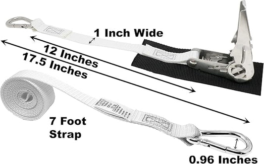 1 Inch Stainless Steel Ratchet Strap, Protective Pad Under Buckle Stainless Steel Carabiner Clip with Grommet On Each End, Fixed End Strap, Total Strap Length 8 Ft