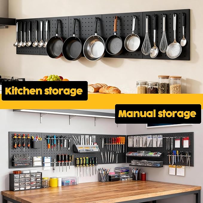 Peg Board - Metal Pegboard with 48 Hooks, Heavy Duty Wall Mount Metal Grid Panel for Garage Organization & Tool Storage, Rustproof, Easy to Install, Compatible with Standard Organizer Accessories