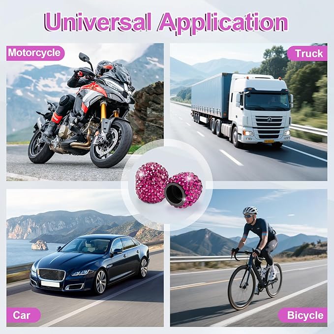JUSTTOP 4 Pack Handmade Crystal Rhinestone Tire Valve Stem Caps, Universal for Cars, Trucks and Motorcycles - Violet Red