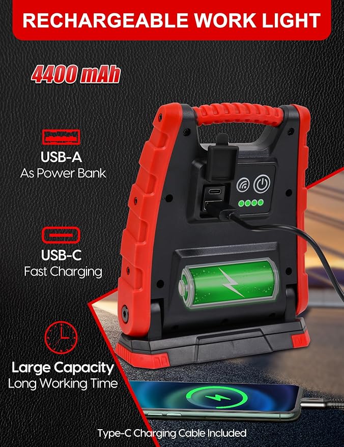 Adiding 4400mAh Rechargeable LED Work Light, Portable Flood Light Underhood Work Light with Sensor & 360° Rotation Magnetic Base, Battery Powered Mechanic Light for Repairing/Inspection/Garage/Camping