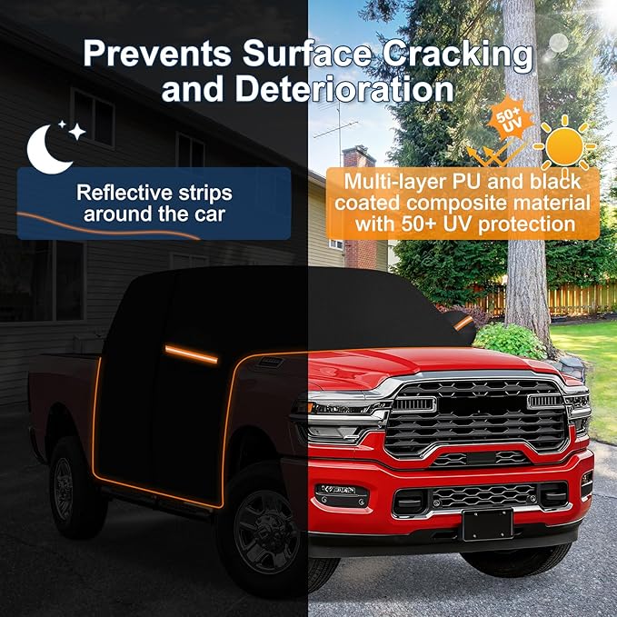QUNSUNUS Truck Cover for Dodge Ram 1500/2500/3500 Crew Cab All Years,Waterproof Half Truck Cab Cover with Cotton Liner, All Weather Ram 1500 Cab Cover with Adjustable Straps and Zipper