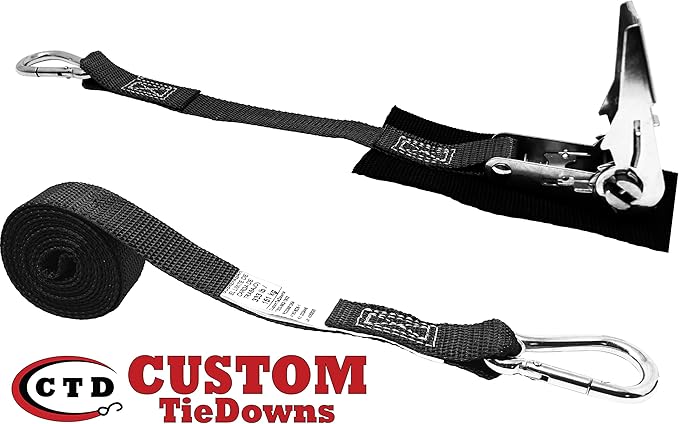 1 Inch Stainless Steel Ratchet Strap, Protective Pad Under Buckle Stainless Steel Carabiner Clip with Grommet On Each End, Fixed End Strap, Total Strap Length 8 Ft