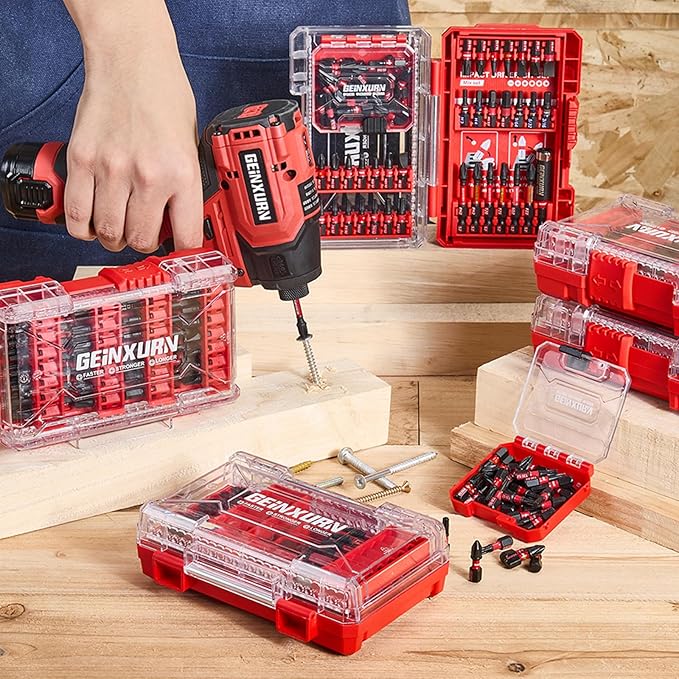 Geinxurn 65Pieces Impact Screwdriver Bits Set, Magnetic S2 Steel Phillips/Slotted/Square/Torx Insert Power Bits Tips, Impact Bit Holder with Red Storage Box Case