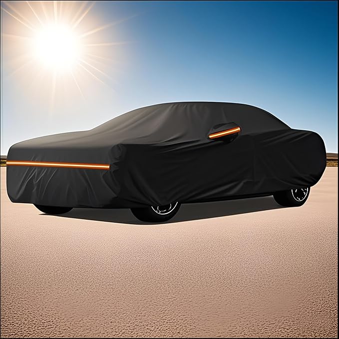 Amooca Heavy-Duty Car Covers Custom Fit for Dodge Challenger 2008-2024 Waterproof Sun-Proof All Weather for Automobiles Snow Cover 420D with Door Zipper Cotton Lining