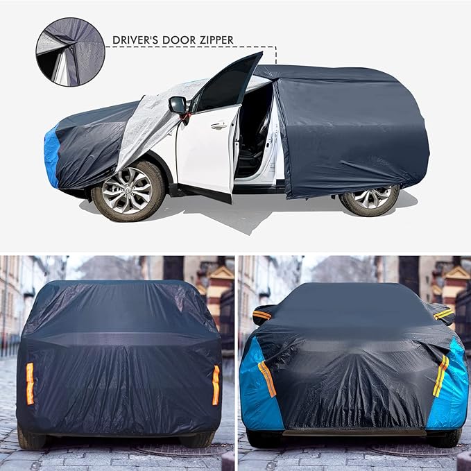 Car Cover Waterproof All Weather for Automobiles, 6 Layers Outdoor Full Exterior Cover Rain Sun UV Snowproof Protection with Zipper Cotton, Mirror Pocket for SUV (191-201 inch)