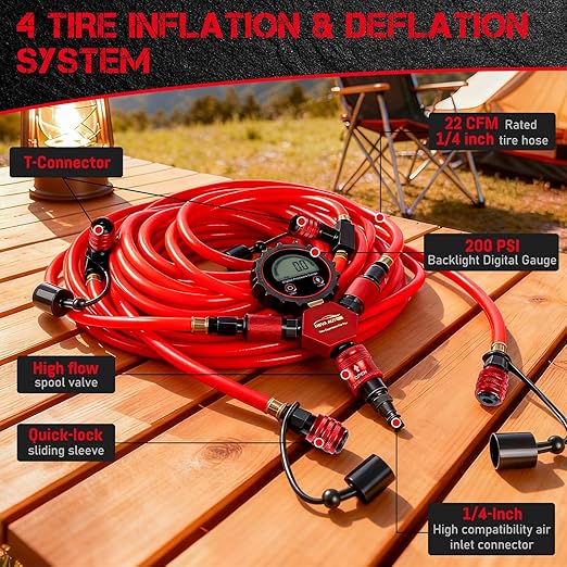 4 Tire Inflation Deflation System,Fits up to 200" Wheelbase,300psi Digital Tyre Pressure Gauge and Plastic Suitcase,4 Tire Inflation Kit for Truck,Car,Trailers,Motorcycles