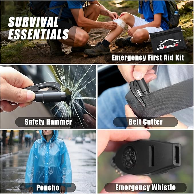 AUTODECO Roadside Emergency Car Kit Winter Road Trip Assistance Vehicle Safety Kit with Air Comperss, Detachable Snow Shovel, Jumper Cables, Tow Strap