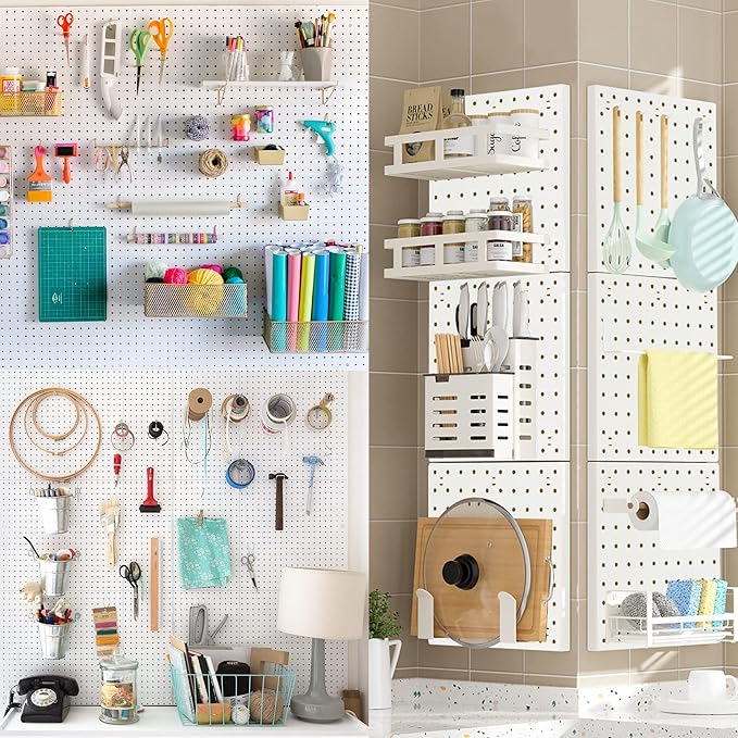 8Pcs Pegboard Wall Organizer Panels, White Pegboard Wall Mount for Craft Room, Garage, Kitchen, Living Room, Bathroom, and Study Room, Peg Boards for Walls Easy to Install