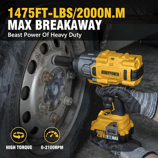 ALLOYPOWER Cordless Brushless Impact Wrench, 1475 ft-lbs (2000N.m), 1/2 High Torque power impact gun, 3-Mode Speed, 2*4000mAh Battery, 3 Sockets, Electric Impact Wrench Set for Car Tire Truck RV Mower