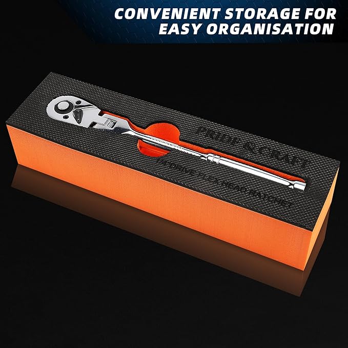 PRIDE&CRAFT 1/4" Drive Flex Head Ratchet 72-Tooth, Socket Wrench Quick Release Reversible Design, Swivel Head Ratchet, Chrome Alloy Made, EVA Organizer