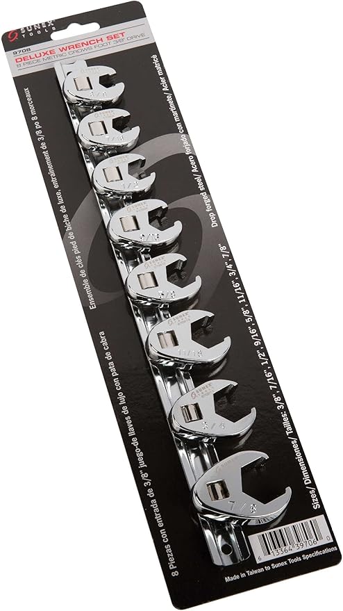 SUNEX TOOLS 9708 3/8-Inch Drive Fractional Crowfoot Flare Nut Wrench Set, 3/8-Inch - 7/8-Inch, Fully Polished, 8-Piece