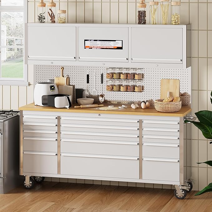 GAOMON 72 Inch Tool Chest, Tool Cabinet with 15 Drawers, Mobile Storage Cabinet with Locking System, Stainless Steel Material and Sturdy Structure, High Capacity for Home Workshop Kitchen and Garage.