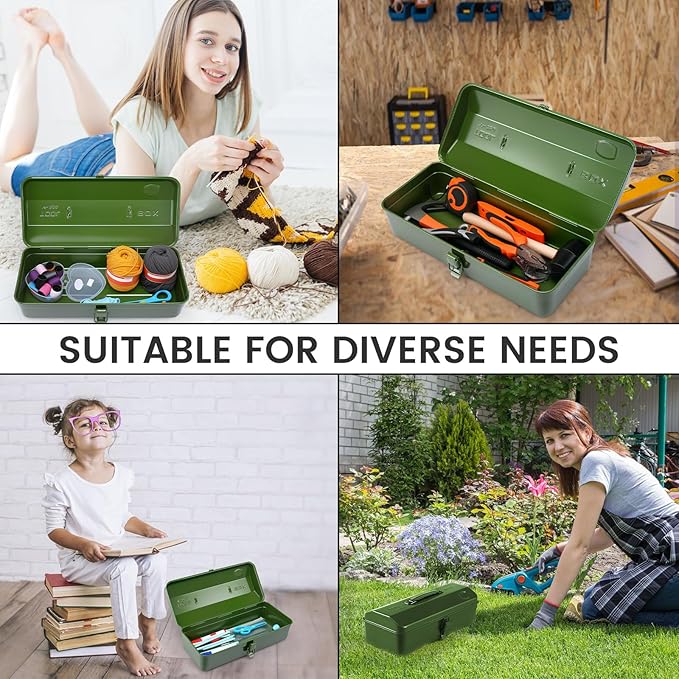 15 Inch Metal Tool Box with Lock - Portable Heavy Duty Workshop Tool Storage Case with Handle, Locking Hardware Organizer Box for Tools, Screws & Parts (Green)