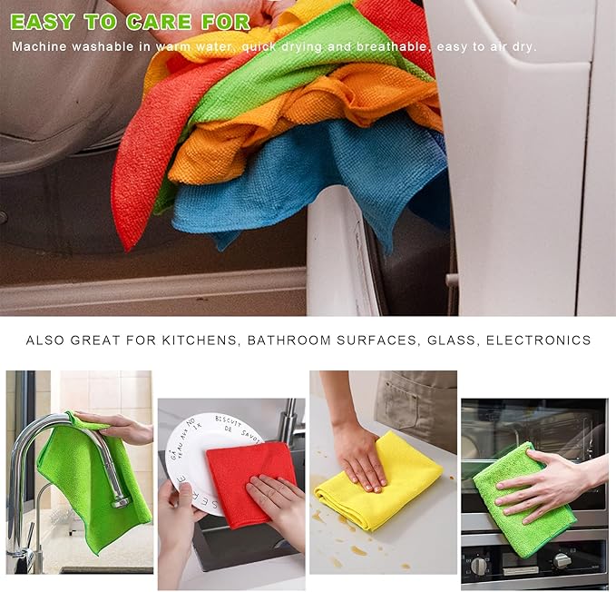 12PCS Microfiber Cleaning Cloths, 12"×12" Soft Absorbent Streak-Free Car Drying Towels, Scratch-Proof Lint Free Rags All Purpose Wash Cloth for Cars Houses Windows Kitchen