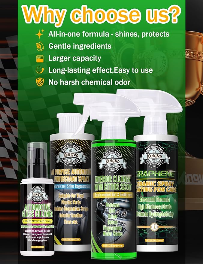 Kingvo Ceramic Coating Spray and Leather Seat Cleaner, Ceramic Car Wax for Couch Cleaning Spray Car Detailing Kit Washing Supplies