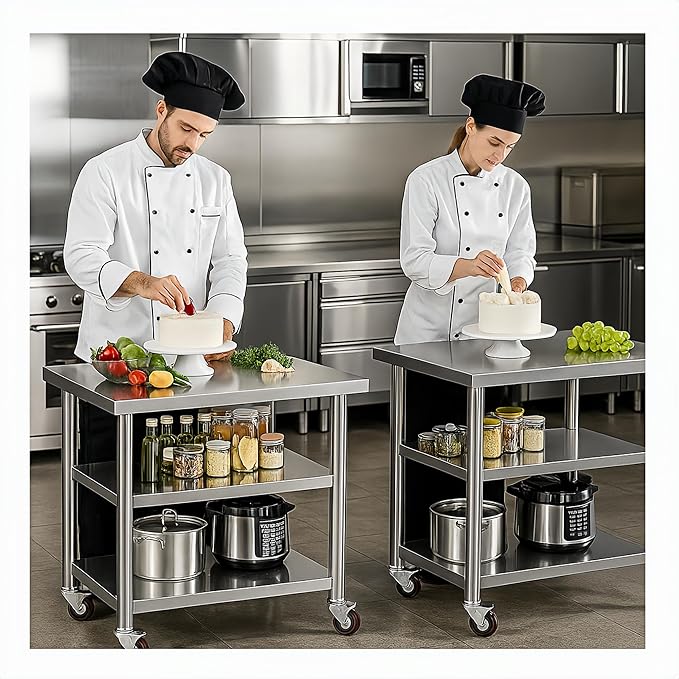 Stainless Steel Table with Wheels for Food Preparation and Work, Multi-Size Optional, Three-Layer Variable Two-Layer Metal Commercial Workbench Outdoor (28" Lx24 Wx34 H)