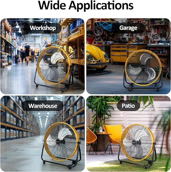 BEESTAR 24 Inch Industrial Drum Fan, High Velocity Heavy Duty Metal Floor Fan 8800CFM 3 Speed 360° Tilt 1/3HP Motor Floor Fan for Garage,Warehouse,Greenhouse,Shop,Workship,Basement (24 INCH)