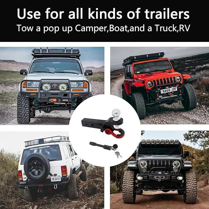 Trailer Hitch Ball Mount with Tow Shackle and 3/4" Hitch Pin Clip for Heavy Duty Trucks, SUVs, and Cars, Multifunctional 2 in 1 Hitch Mount Fits 2Inch Hitch Receiver