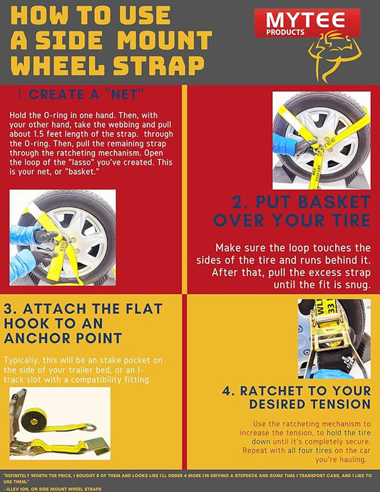 Mytee Products (4 Pack) 2" x10' Lasso Ratchet Strap with J Finger Hook Wheel Net Auto Tow Towing Car Hauler Tie Down