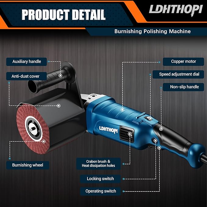 LDHTHOPI 1800W Burnishing Polishing Machine, 110V Handheld Electric Stainless Steel Polisher, 8 Variable Speed, 3100RPM for Metal, Stainless Steel, Wood