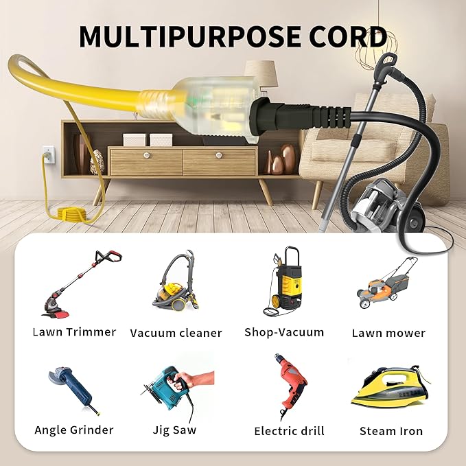 POWGRN 150 Ft 10AWG Outdoor Extension Cord Waterproof Heavy Duty 10 Gauge, Flexible Cold-Resistant Long Power Cord Outside with Lighted Indicator End, 15Amp 1875W SJTW Yellow ETL Listed