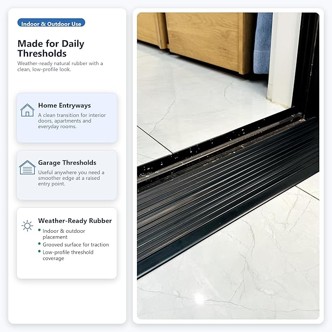 1" Rise No-Drill Natural Rubber Wheelchair Threshold Ramp, 35.5" Cuttable, 2200 LBS Load Capacity, Non-Slip Weather Resistant Doorway Ramp for Wheelchairs, Walkers, Scooters