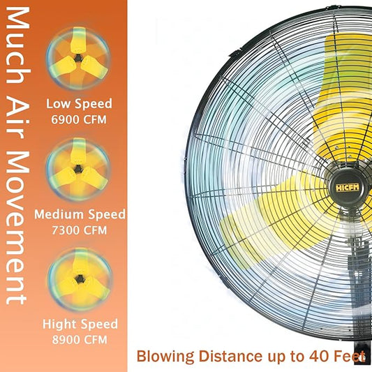 HiCFM 24" Oscillating Wall Fan, 8900 CFM High Velocity Industrial Wall Mounted Heavy Duty Shop Fans with 3 Speed Settings 80° Oscillation for Outdoor Commercial Garage Warehouse workshops Factory