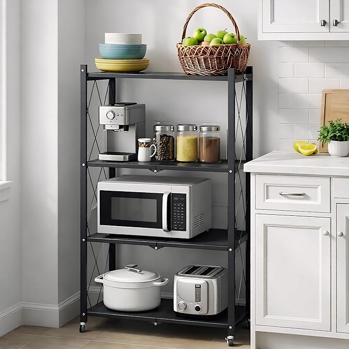 4 Tier Foldable Storage Shelf with Wheels, Collapsible Metal Rack Shelving Unit, No Assembly Required, Rolling Cart Shelf Rack Organizer for Books, Garage, Kitchen, Closet, Pantry, Exhibition, Black