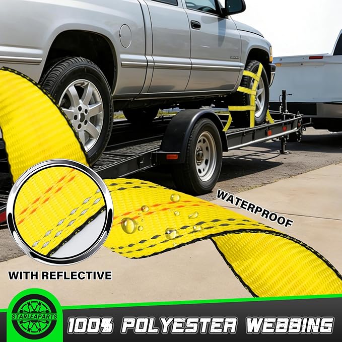 STARLEAPARTS Tow Dolly Straps, 2 Pack Tow Dolly Basket Straps with Flat Hook, Car Dolly Strap, 10,000 lbs Breaking Strength, Tire Bonnet with Carrying Bag Fits Most 14"-17" Tires (Yellow)