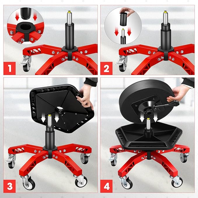 DNA Motoring Rolling Shop Stool, Adjustable Height Padded Rolling Seat, Pneumatic Roller Mechanic Stool for Garages, w/Tool Storage Tray, 300lbs Capacity, TOOLS-00636-BK-RD