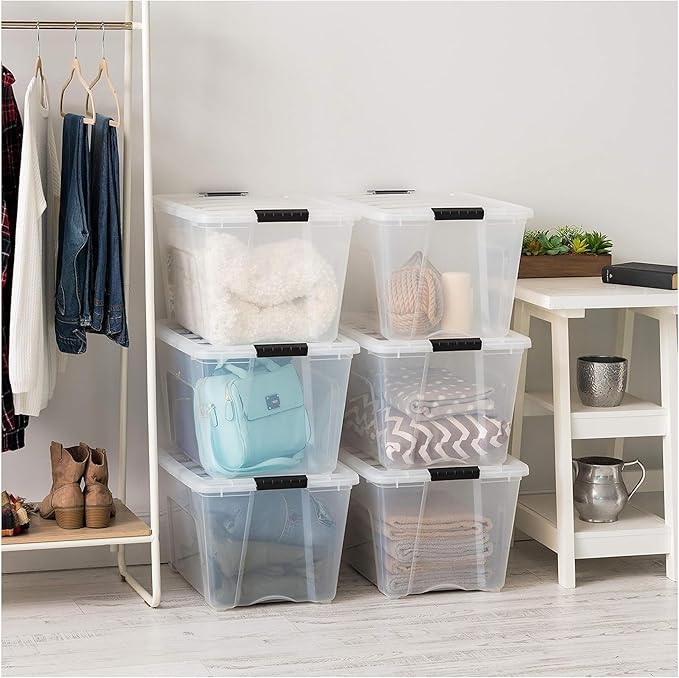 IRIS USA 54 Qt Stackable Plastic Storage Bins with Lids, 12 Pack - BPA-Free, Made in USA - See-Through Organizing Solution, Latches, Durable Nestable Containers, Secure Pull Handle - Clear