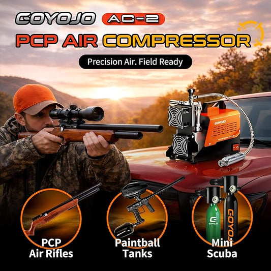 GOYOJO AC-2 PCP Air Compressor, 4500Psi/30Mpa Portable Oil-Free Pump for PCP Airguns & HPA Paintball Tanks, Dual Power 12V DC & 110V/220V AC with Converter, Safety Pressure Relief Valve
