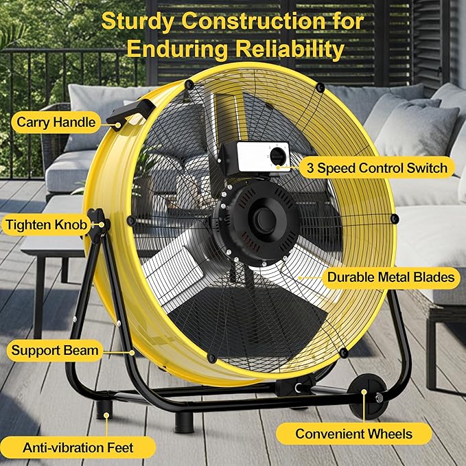 Uthfy 40 Inch High Velocity Floor Fan, 24800CFM Heavy Duty Industrial Drum Fan with 3 Speeds, 360° Tilt Metal Garage Fan with Wheels for Warehouse, Commercial, Workshop, Factory and Gym