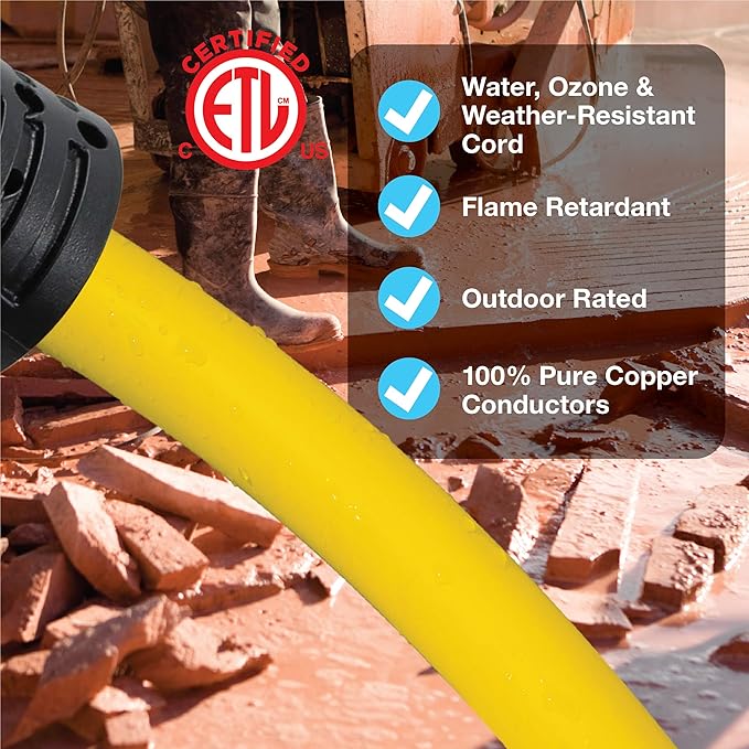Clear Power 100 ft 12/3 SJTW Heavy Duty Outdoor Extension Cord, Water & Weather Resistant, Flame Retardant, Yellow, 3 Prong Grounded Plug, CP10146
