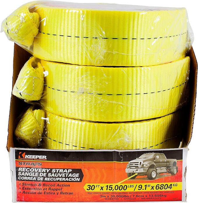 KEEPER Tow Straps Heavy Duty with Loops - 3" x 30' Recovery Strap, 30,000 lbs Break Strength - Towing Rope for Trucks, Off-Road Vehicles, and SUVs