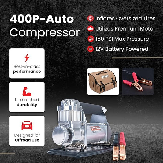 VIAIR 400P - 40045, Automatic Function Portable Compressor Kit, Tire Pump, Truck/SUV Tire Inflator, Silver, For up to 35 Inch Tires