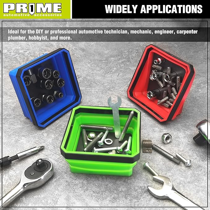 PR1ME Collapsible Magnetic Parts Tray Set, Foldable Magnetic Tray, 3 Pieces 4.25 inch Square Silicone Bowls with Magnetic Base Stores and Organizes Small Parts and Tools