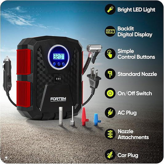 FORTEM Tire Inflator Portable Air Compressor, Air Pump for Car Tires and Bikes, Car Tire Pump w/Auto Shut Off, 150 PSI, 110V AC 12V DC, LED Light, Carrying Case, for Men, Women