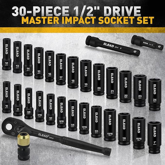 ELEAD 1/2" Drive Deep Impact Socket Set: 30-Piece Standard SAE (3/8 to 1 Inch) and Metric (10-24mm) Size, 3" and 5" Drive Extension Bar, Ratchet Handle, Bit Adapter, CR-V Steel for Auto Repair