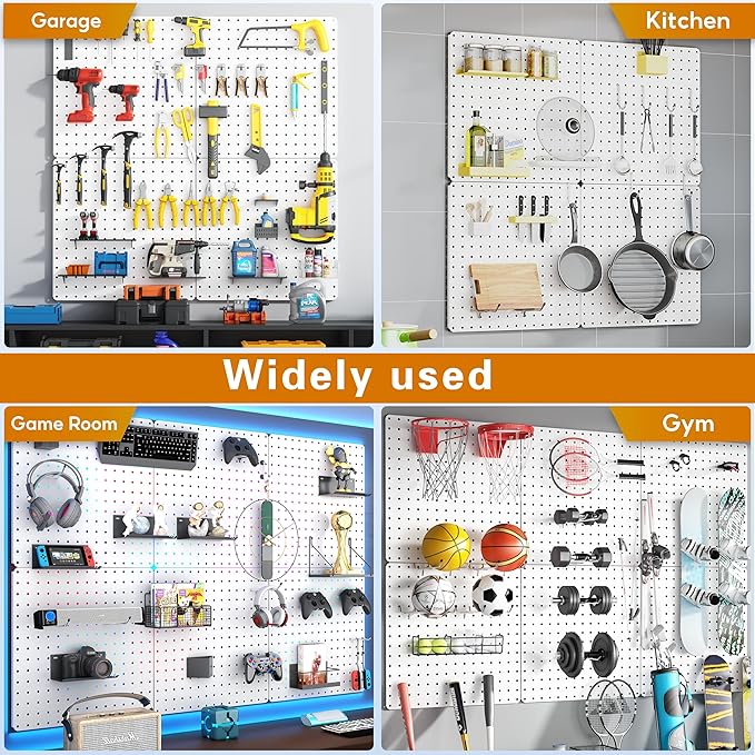 Peg Board, Total 32” x 32”, 68PCS Heavy Duty Metal Pegboard with Hooks, 4 Pack White Peg Board Panels, 50lbs Load Capacity Each, Pegboard Wall Organizer for Garage, Workshop, Craft Rooms