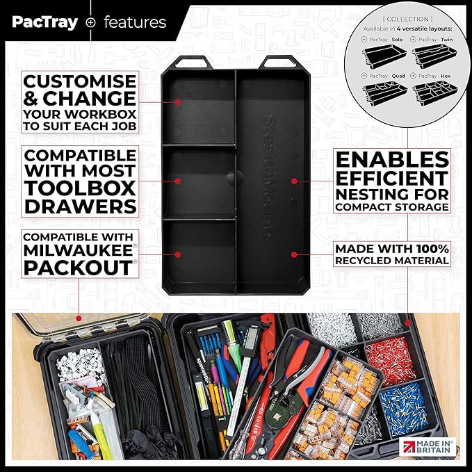 StealthMounts Quad PacTray | 4-Compartment ABS Tool Tray Compatible with Milwaukee PACKOUT | Organiser for Tools, Hardware & Accessories | Workshop, Garage & Van Use | Made in the UK