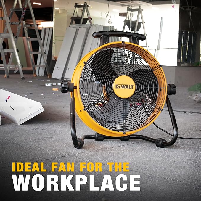 DEWALT DXF1840 Floor Fan, Industrial Fans, 18 Inch High Velocity Fan with 3-Speed Heavy Duty Air Circulator and 180 Adjustable Tilt, Large Electric Metal Rotating Garage Fan, Drum fan for Work, Yellow