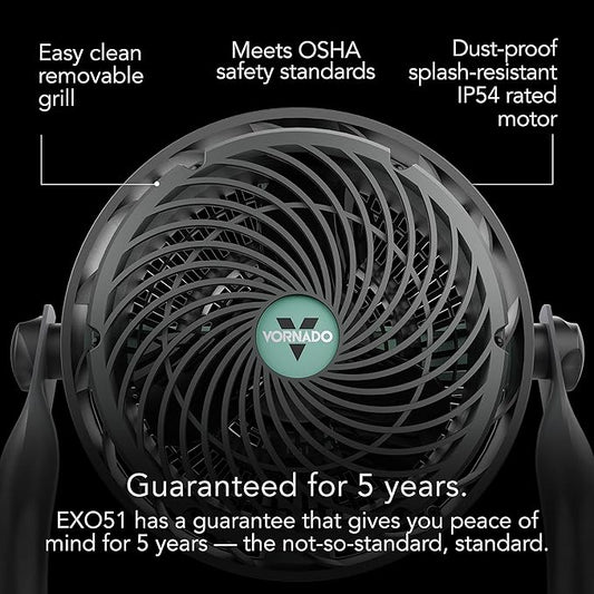 Vornado EXO51 Small Heavy Duty Air Circulator, 3-Speed High Velocity Shop Fan, Dustproof and Water-Resistant, Powerful Motor, Industrial High Impact Case, Whole Room Air Circulator, Green