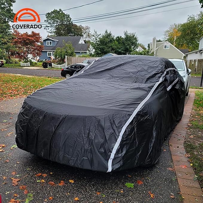 Car Cover Waterproof All Weather, Coverado Soft Cotton Backing Full Exterior Covers with Zipper Door Snow Wind Sun UV Hail Protector Outdoor Car Cover Universal Fit for 170-190 inches Length Sedan