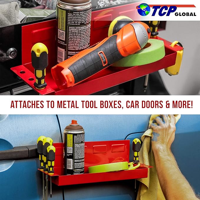 TCP Global 12" Magnetic Tool Shelf - Toolbox & Cabinet Organizer - Magnetic Tray for Shop, Garage, Workshop - Metal Surface Mount, Tool Box Accessories for Home, Workspace and Garage