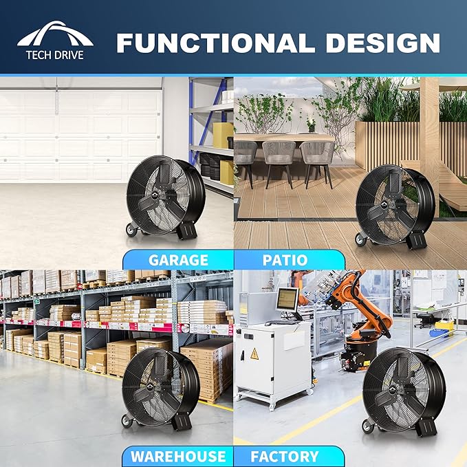 Tech Drive Heavy Duty Metal Industrial Drum Fan, 24 inch High Velocity Shop Fan, 2 Speed Large Floor Fan for Warehouse, Workshop, Factory, Garage, All Metal, Black