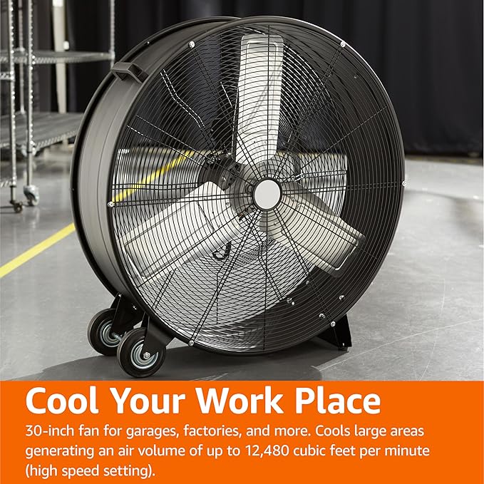 Amazon Basics 30" 300W High-Velocity Heavy-Duty Industrial Drum Fan for Cooling, Metal Housing, UL-Certified Safety Compliance, 2 Speeds, High CFM Up to 12,480, 5.9-ft Power Cord, 2 Wheels, Black