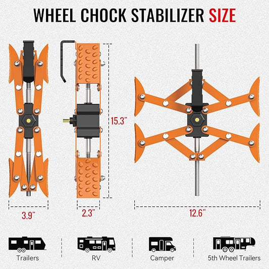X-Shape Wheel Chocks Stabilizer for RV Travel Trailer Trucks(Allow Drill Adjust), 2 Pack Orange Dual Axel Camper Wheel Chock Stabilizer for Anti-Motion Tire with Portable Bag and Wrench