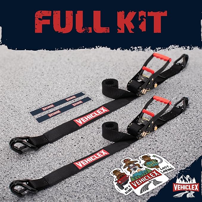 Vehiclex Car Tie Downs with Double J-Hooks - Heavy Duty 2PK, 2" x 8ft Car Hauling Straps for Trailers, 11,000 lb Breaking Strength