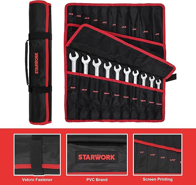 STARWORK TRUE MECHANIC™ 20 Pc. Reversible Ratcheting Wrench Set, Combination Ratchet Wrench Set, Non-Slip, Long Pattern, 6-Point 15° Offset, Professional, SAE/Metric (5/16-3/4" & 8-19 mm)